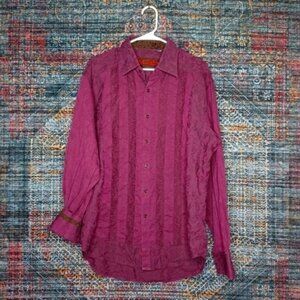 Robert Graham mens sangria berry floral paisley embossed striped shirt XL EUC